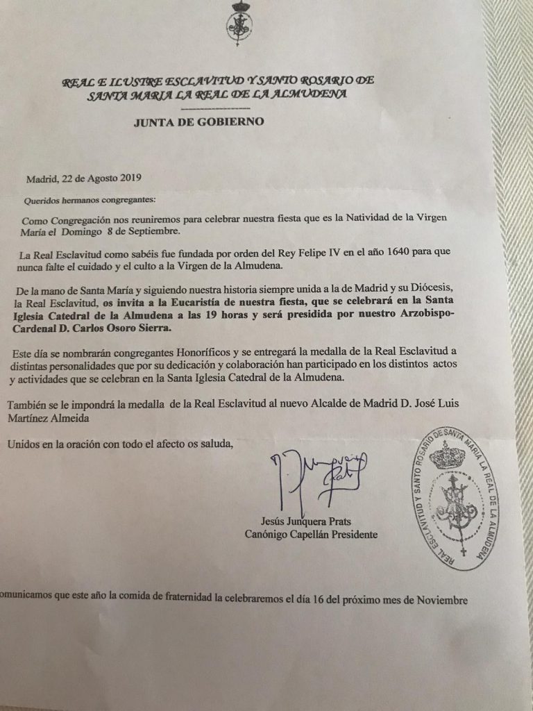 Carta Invitación Fiesta real esclavitud de la Almudena 8 septiembre 2019
